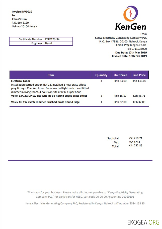 Kenya KenGen Electricity Generating Company utility bill template in Word and PDF format